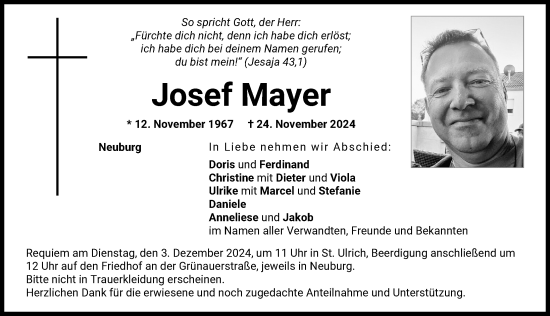 Traueranzeige von Josef Mayer von Neuburger Rundschau