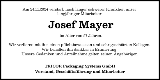 Traueranzeige von Josef Mayer von Neuburger Rundschau