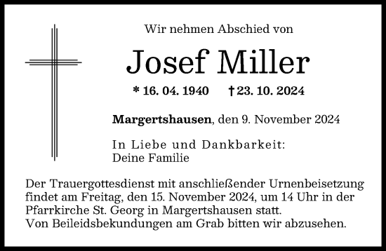 Traueranzeige von Josef Miller von Augsburger Allgemeine