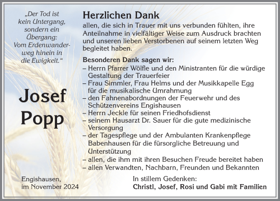 Traueranzeige von Josef Popp von Illertisser Zeitung, Augsburger Allgemeine