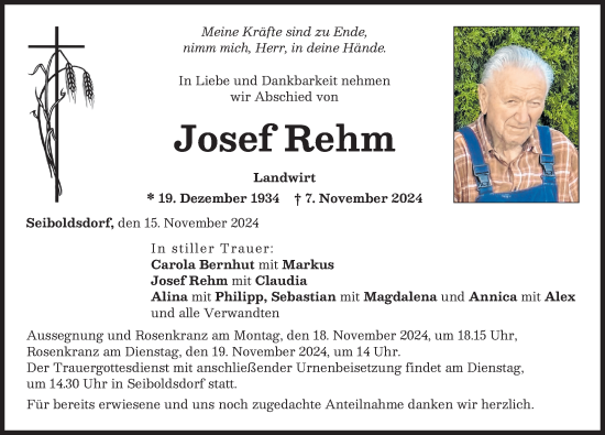 Traueranzeige von Josef Rehm von Neuburger Rundschau