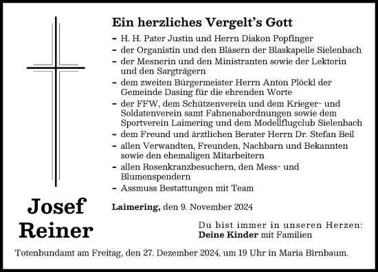 Traueranzeige von Josef Reiner von Friedberger Allgemeine, Aichacher Nachrichten