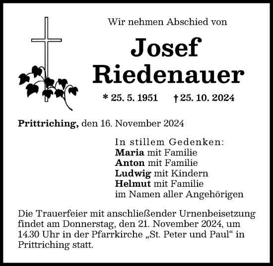 Traueranzeige von Josef Riedenauer von Landsberger Tagblatt