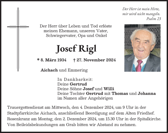 Traueranzeige von Josef Rigl von Aichacher Nachrichten
