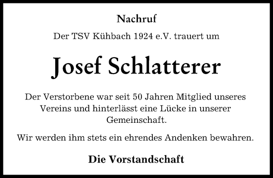 Traueranzeige von Josef Schlatterer von Aichacher Nachrichten