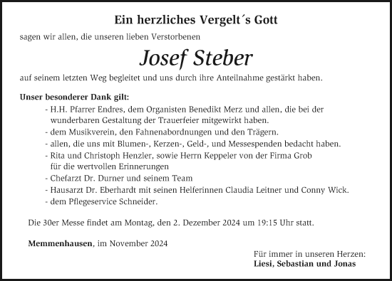 Traueranzeige von Josef Steber von Mittelschwäbische Nachrichten