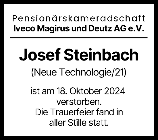 Traueranzeige von Josef Steinbach von Illertisser Zeitung, Günzburger Zeitung, Neu-Ulmer Zeitung