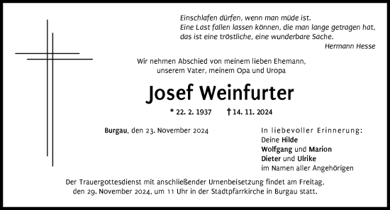 Traueranzeige von Josef Weinfurter von Günzburger Zeitung