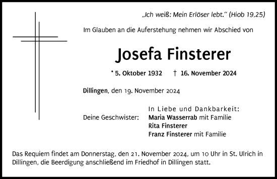 Traueranzeige von Josefa Finsterer von Donau Zeitung