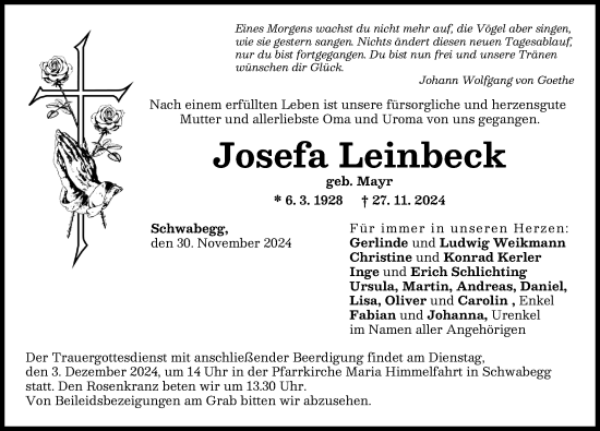 Traueranzeige von Josefa Leinbeck von Schwabmünchner Allgemeine