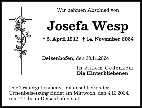 Traueranzeige von Josefa Wesp von Donau Zeitung
