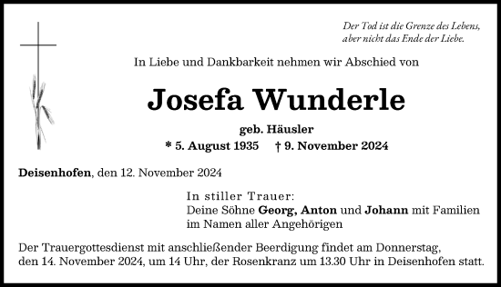 Traueranzeige von Josefa Wunderle von Donau Zeitung