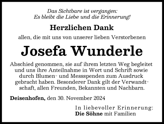 Traueranzeige von Josefa Wunderle von Donau Zeitung