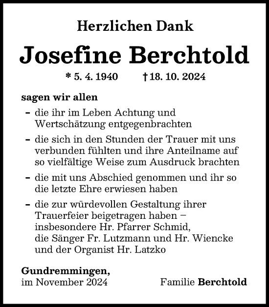 Traueranzeige von Josefine Berchtold von Günzburger Zeitung