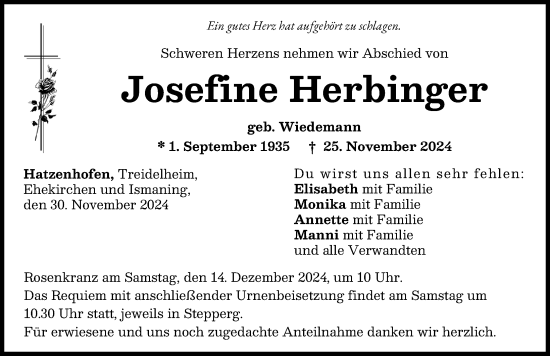 Traueranzeige von Josefine Herbinger von Neuburger Rundschau