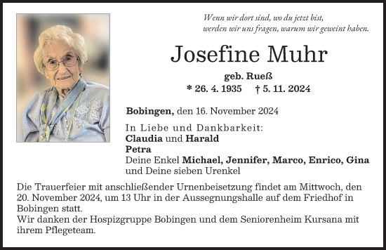 Traueranzeige von Josefine Muhr von Wertinger Zeitung, Schwabmünchner Allgemeine