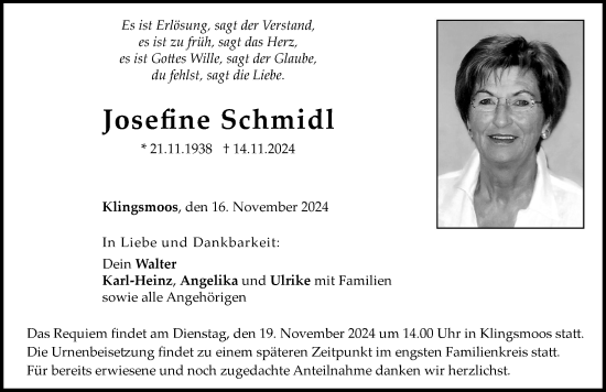 Traueranzeige von Josefine Schmidl von Aichacher Nachrichten, Neuburger Rundschau