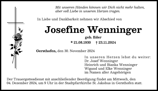 Traueranzeige von Josefine Wenninger von Donauwörther Zeitung, Augsburger Allgemeine