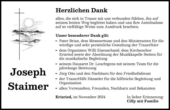 Traueranzeige von Joseph Staimer von Mindelheimer Zeitung