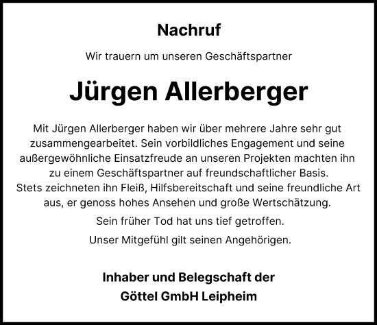 Traueranzeige von Jürgen Allerberger von Günzburger Zeitung