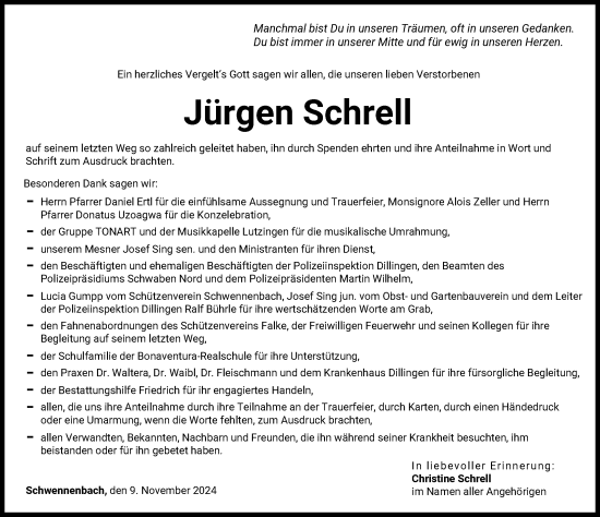 Traueranzeige von Jürgen Schrell von Donau Zeitung
