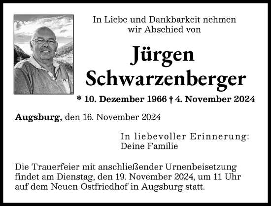 Traueranzeige von Jürgen Schwarzenberger von Augsburger Allgemeine