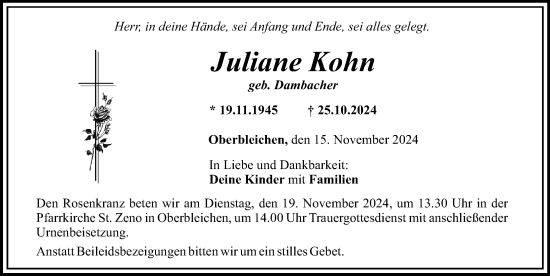 Traueranzeige von Juliane Kohn von Mittelschwäbische Nachrichten