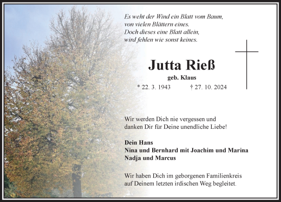 Traueranzeige von Jutta Rieß von Rieser Nachrichten