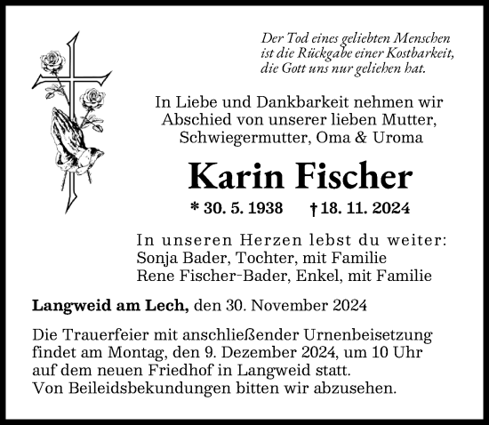Traueranzeige von Karin Fischer von Augsburger Allgemeine