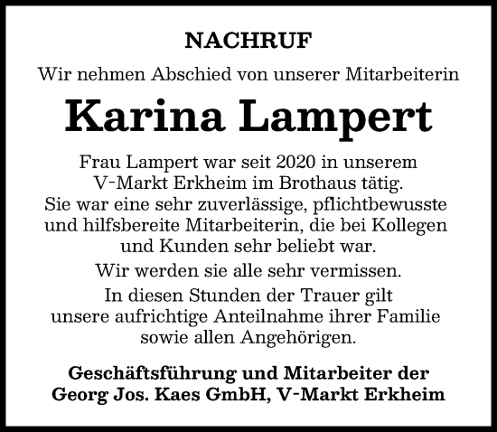 Traueranzeige von Karina Lampert von Mindelheimer Zeitung