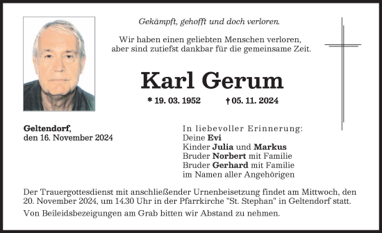 Traueranzeige von Karl Gerum von Landsberger Tagblatt
