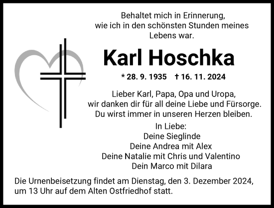 Traueranzeige von Karl Hoschka von Augsburger Allgemeine