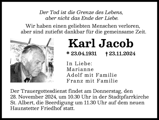 Traueranzeige von Karl Jacob von Augsburger Allgemeine