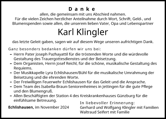 Traueranzeige von Karl Klingler von Günzburger Zeitung