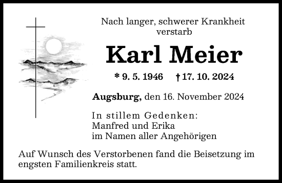 Traueranzeige von Karl Meier von Augsburger Allgemeine