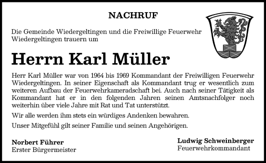 Traueranzeige von Karl Müller von Mindelheimer Zeitung