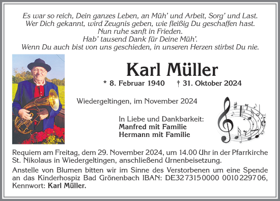 Traueranzeige von Karl Müller von Augsburger Allgemeine, Mindelheimer Zeitung