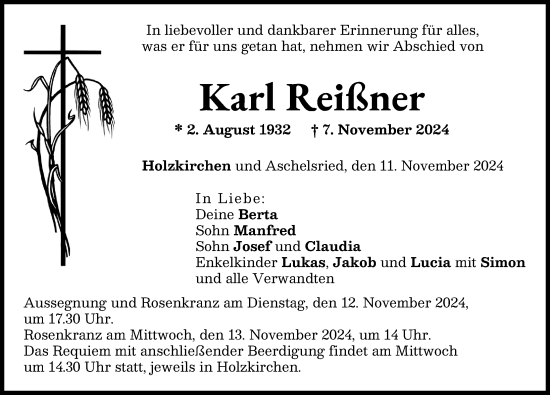 Traueranzeige von Karl Reißner von Neuburger Rundschau