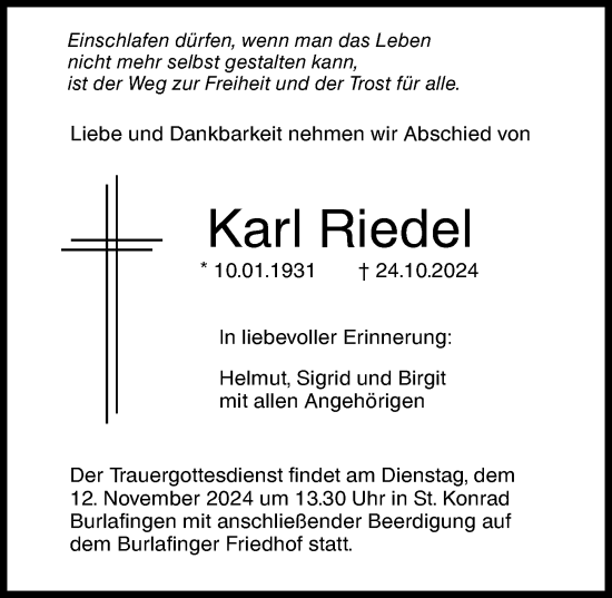 Traueranzeige von Karl Riedel von Augsburger Allgemeine, Neu-Ulmer Zeitung