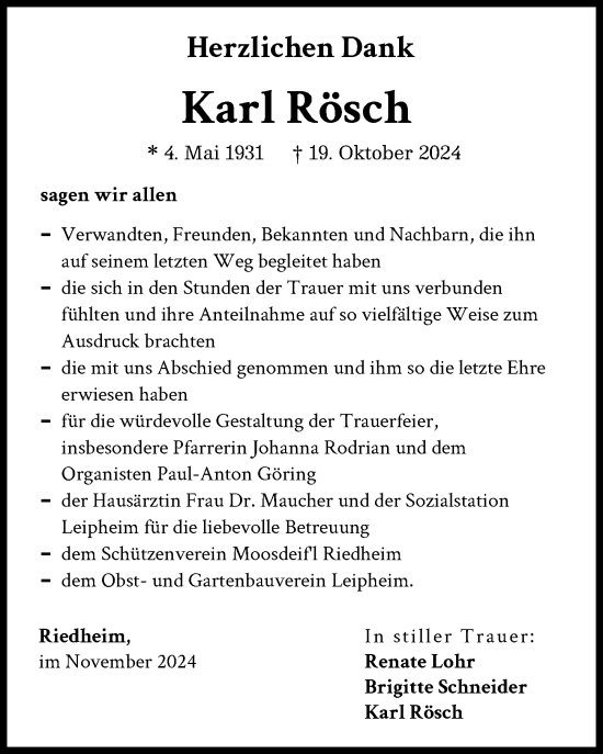 Traueranzeige von Karl Rösch von Günzburger Zeitung