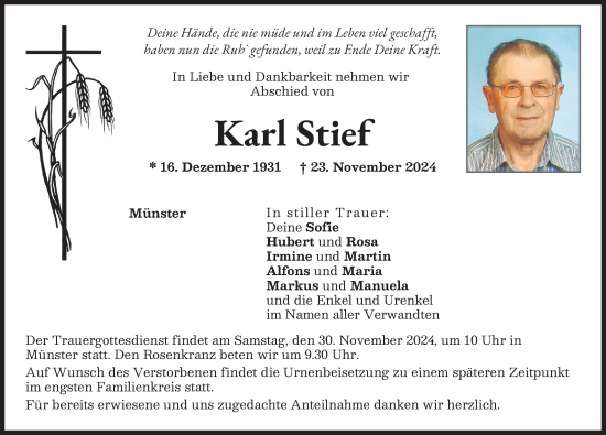 Traueranzeige von Karl Stief von Donauwörther Zeitung