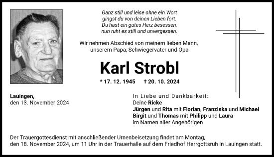 Traueranzeige von Karl Strobl von Donau Zeitung