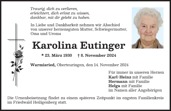 Traueranzeige von Karolina Eutinger von Mindelheimer Zeitung