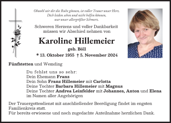 Traueranzeige von Karoline Hillemeier von Donauwörther Zeitung