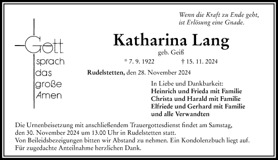 Traueranzeige von Katharina Lang von Rieser Nachrichten