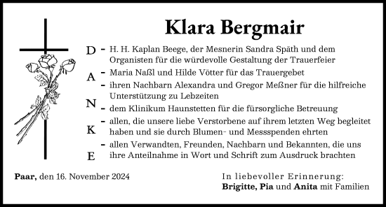 Traueranzeige von Klara Bergmair von Friedberger Allgemeine, Aichacher Nachrichten