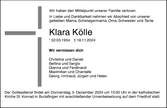 Traueranzeige von Klara Kölle von Augsburger Allgemeine, Neu-Ulmer Zeitung