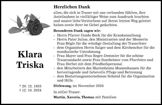 Traueranzeige von Klara Triska von Mindelheimer Zeitung