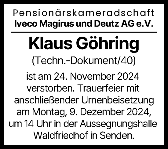 Traueranzeige von Klaus Göhring von Illertisser Zeitung, Günzburger Zeitung, Neu-Ulmer Zeitung