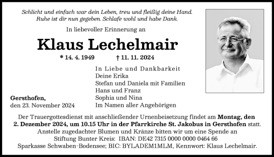 Traueranzeige von Klaus Lechelmair von Augsburger Allgemeine